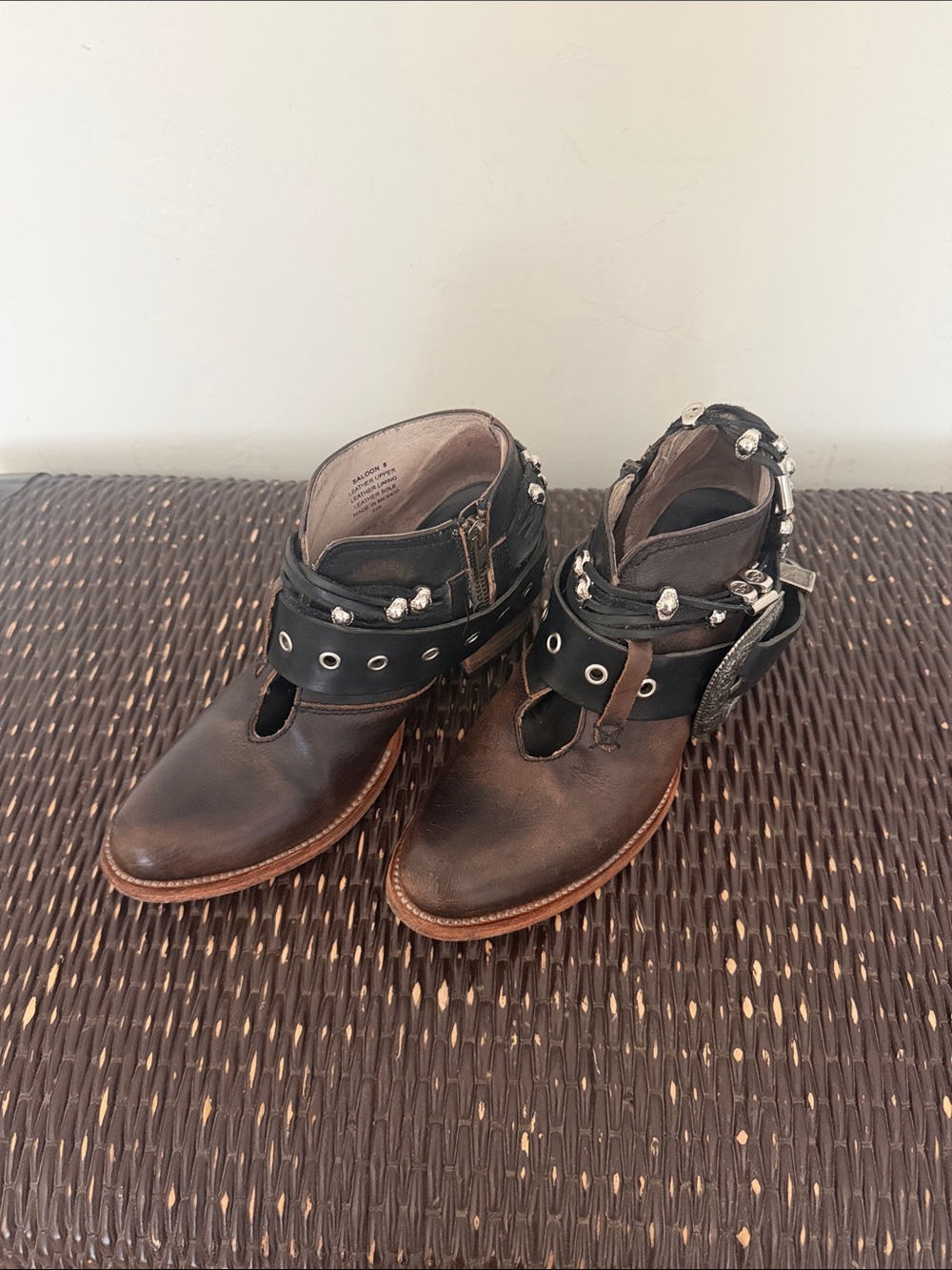 Freebird Saloon Brown Leather Ankle Booties with Black Studded Strap